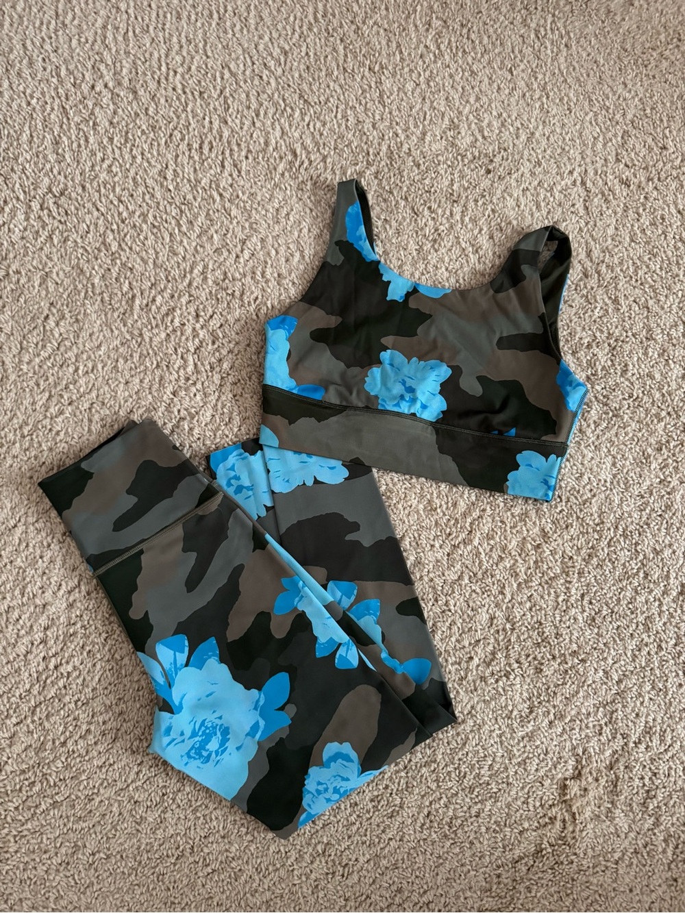 aerie Olive Camo Sports Bra with Blue Accent